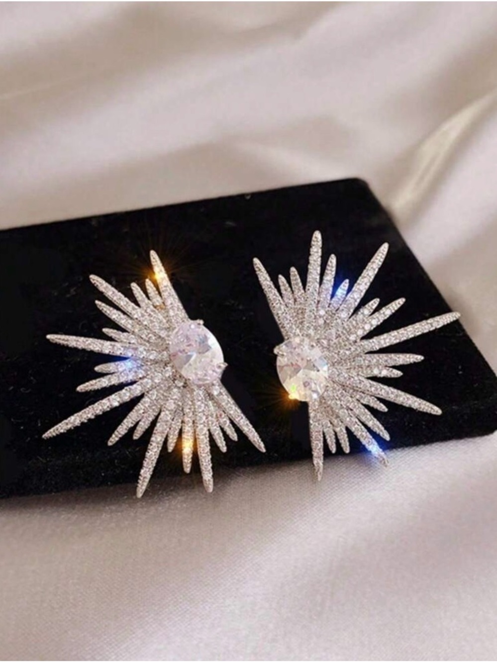 Crystal Starburst Statement Earrings - Silver